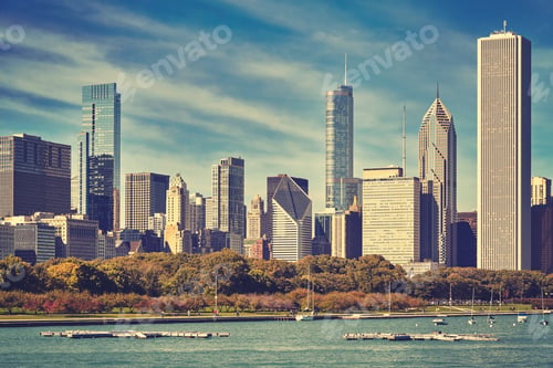 Preview: Retro toned picture of Chicago skyline, USA