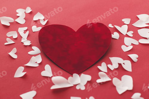 Preview: Happy Valentine's Day! Stylish valentine hearts composition on red paper. Valentines day card. Love