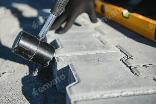 Preview: Builder laying a paving brick placing it on the sand foundation with gloved hands