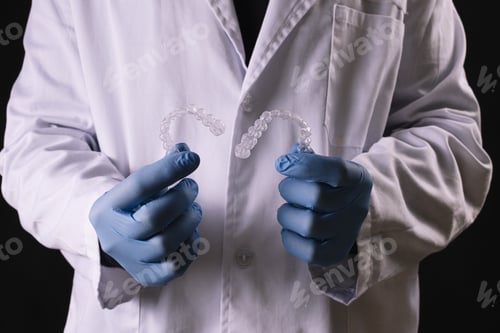Preview: Dentist in a lab coat and gloves holding transparent mouthguards in heart-shape on black background