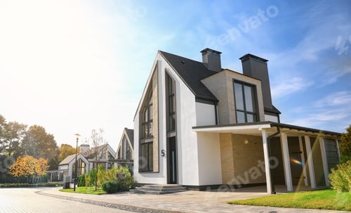 Preview: Landscape with new modern houses on sunny day