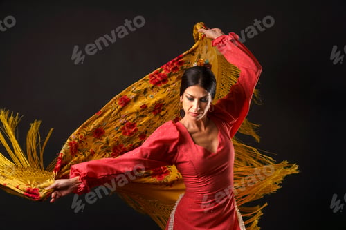 Preview: Flamenco dancer performing soulful dance, twirling traditional Spanish manton shawl with passion