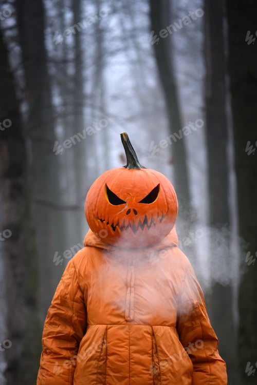 Preview: Portrait of a Halloween girl in orange jacket with steam