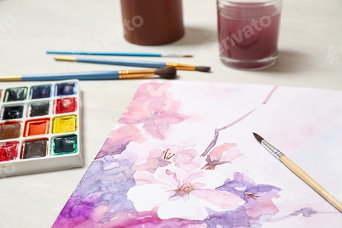 Preview: Watercolor Flowers with Paint Supplies on Desk