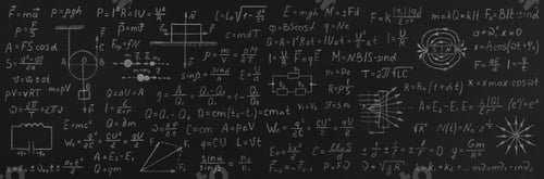 Preview: Formulas and calculations from mathematics and geometry on school blackboard