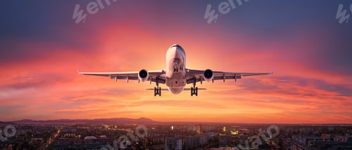 Preview: Airplane is flying in colorful sky over the city at night