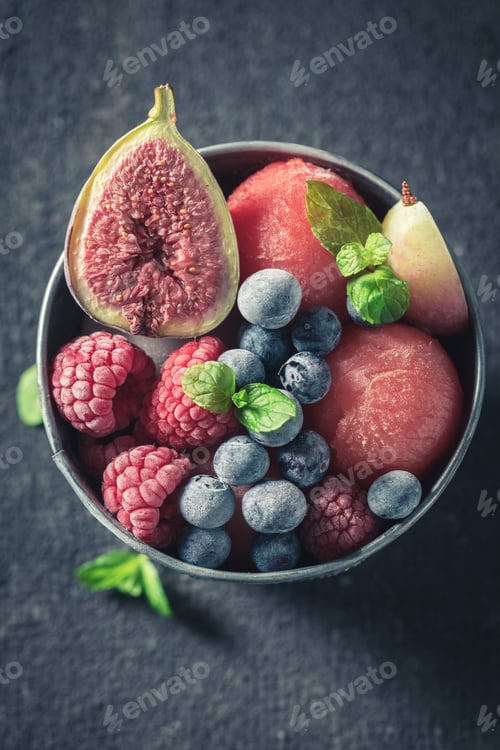 Preview: Fresh ice cream sorbet with watermelon and berries.