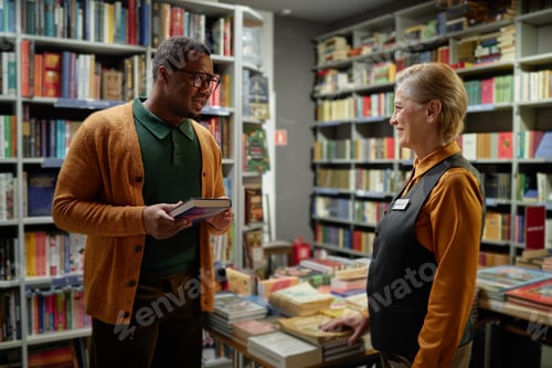 Preview: Middle Aged Black Man Talking with Middle Aged Caucasian Woman in Bookstore