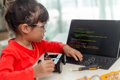 Preview: Asia students learn at home in coding robot cars and electronic board cables in STEM,