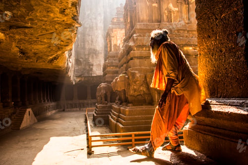 Preview: Hindu Sadhu the holy men visiting the Kailasa Temple, Ellora caves, UNESCO world heritage side.