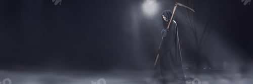 Preview: Grim Reaper in Foggy Night Wide Banner with Copy Space