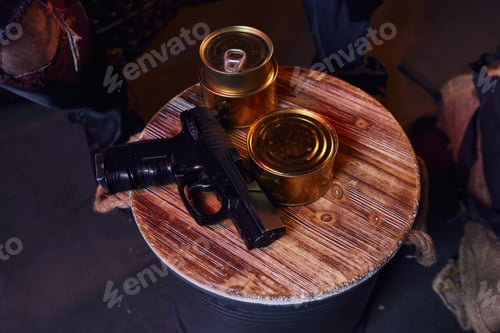 Preview: top view of gun and canned food near cropped man in underground, post-apocalyptic survival resources
