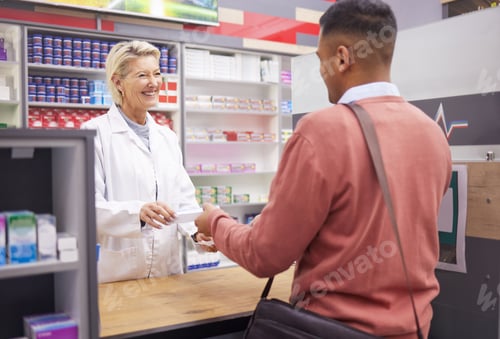 Preview: Pharmacist, doctor and customer for medicine in store with mockup stock for healthcare. Woman and m
