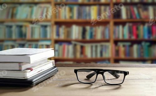 Preview: Eyeglasses with books and laptop on wooden table in library
