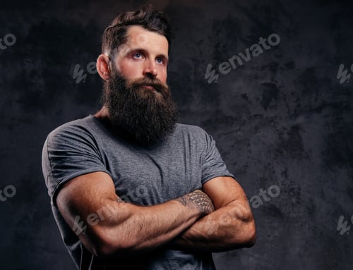 Preview: Portrait of a hipster with full beard and stylish haircut, dressed in a gray t-shirt in a studio