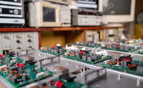Preview: Microcircuits and components lie on metal plates