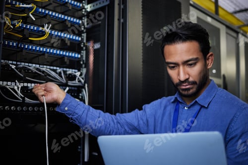 Preview: Engineer laptop, server room and cable connection for software update or maintenance at night. Cybe