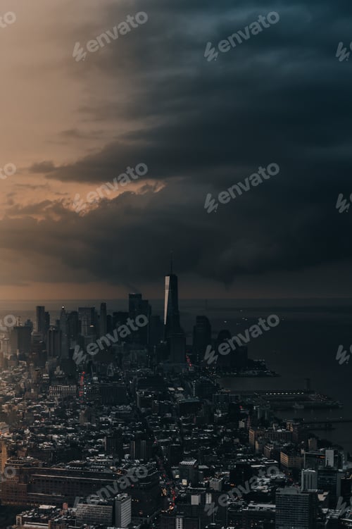 Preview: Mermerizing cityscape on the coast of the sea against a dark cloudy sky in New York