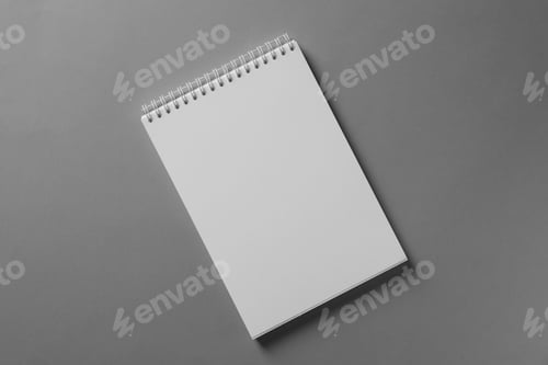 Preview: Blank notebook on light grey background, top view. Mockup for design