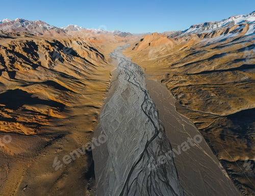 Preview: High-contrast aerial view of a braided river in an arid valley