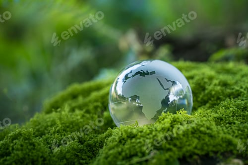 Preview: Crystal ball on moss in green forest - environment esg concept, ecology and sustainable environment