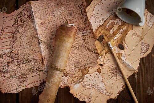 Preview: Antique parchment scroll with old maps and a spilled coffee cup on a wooden table.