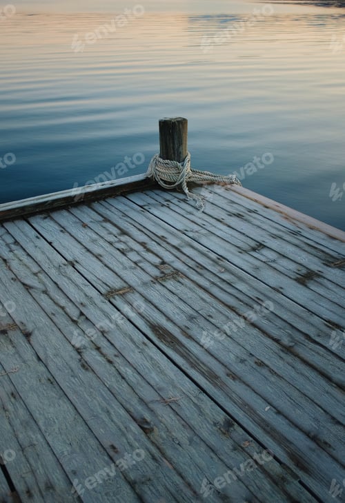 Preview: empty wooden pier with a ropes and a reflection of a ship on a surface of a sea in the background