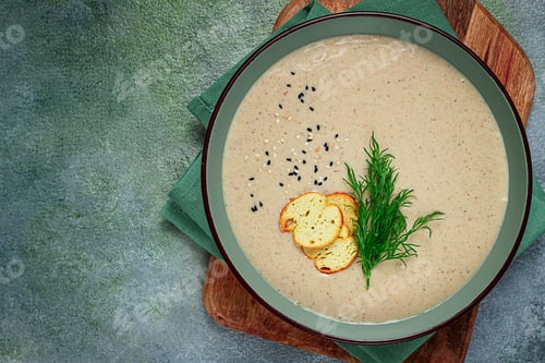 Preview: mushroom cream soup, with dill and bruschetta, mushroom eringi,
