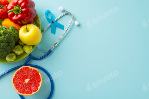 Vista previa: Diabetes-Friendly Meal Plan: Top view photo of diabetes emblem, stethoscope