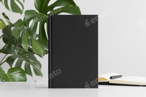 Preview: Black book mockup with workspace accessories on a white table and a monstera plant.