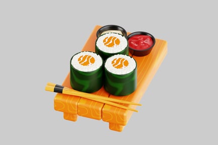 Preview: Sushi rolls with garnish on wooden tray