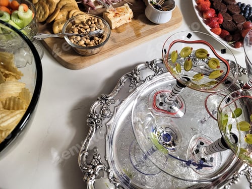 Preview: Overhead food flat lay appetizers at happy hour.