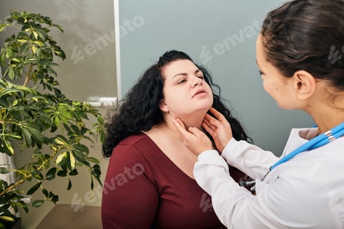 Preview: Exam of fat woman's neck for diagnostics of thyroid diseases and hypothyroidism. Doctor palpates