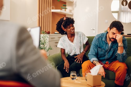 Preview: Diverse couple on a therapy session in a psychologist office