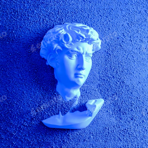 Preview: Bust head of David plaster antique in the sand on the beach.