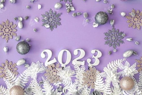 Preview: Lilac Christmas background with numbers 2023 and decor details, flat lay.