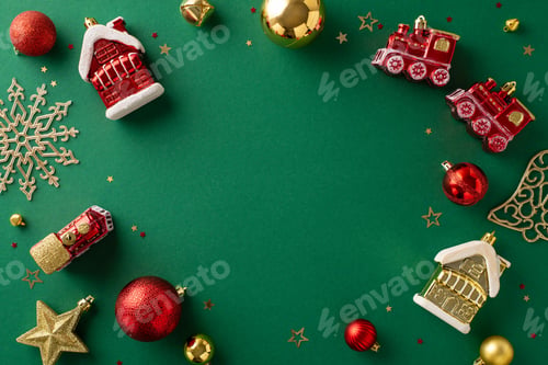 Preview: Get ready for the countdown! Top view red and gold balls, festive train