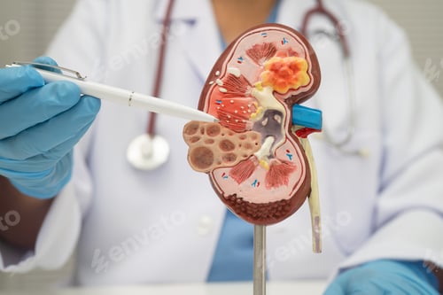 Preview: Chronic kidney disease, doctor with model for treatment urinary system