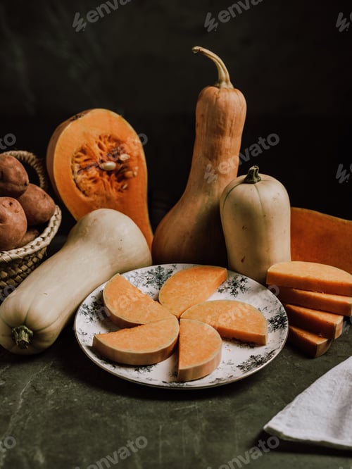 Preview: Composition on plate with slices of pumpkin and butternut squash