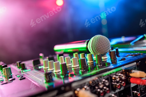 Preview: close up view of sound mixer with microphone in nightclub