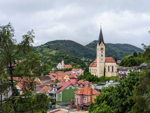 Preview: Beautiful hillside cityscape, St Nicholas Parish Church in Krapina, Croatia, Hrvatsko zagorje, build