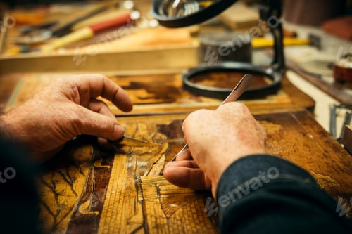 Preview: Senior wood carving professional during work