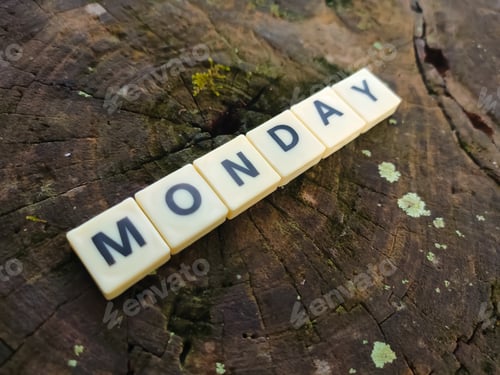 Visualização: Letras de Scrabble com texto MONDAY, fundo de madeira