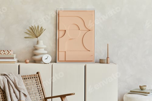 Preview: Creative and modern beige living room interior composition