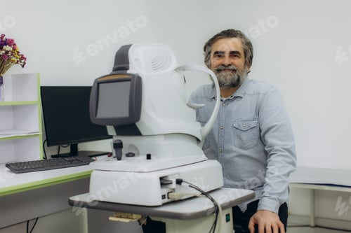 Preview: Smiling man doing vision test at ophthalmology clinic