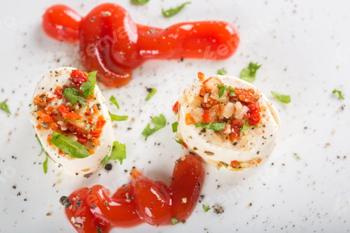 Preview: Appetizers with cheese and various ingredients and tomato sauce