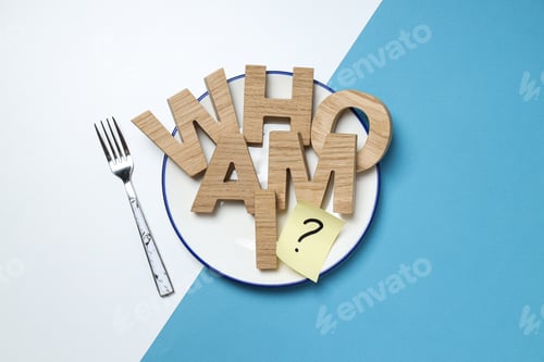 Preview: Text from wooden letters on plate and fork on blue and white background