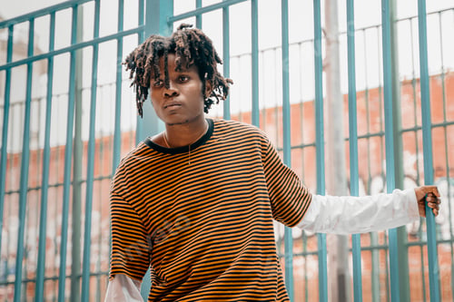 Preview: Portrait of young handsome stylish black man with natural hair afro dreadlocks. Afroamerican guy. St