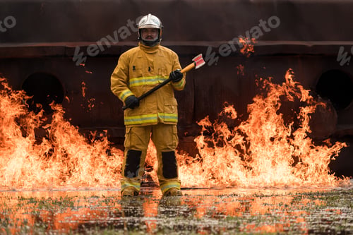 Preview: A firefighter in full protective gear runs through intense flames while holding a rescue axe