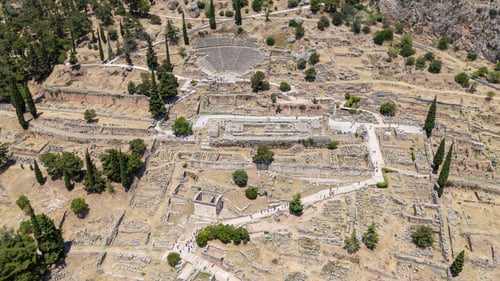 Preview: Aerial bird's eye view photo taken by drone of archaeological site of ancient Delphi.